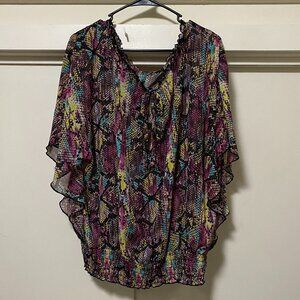 Multi-color snake-skin pattern, slightly sheer blouse, size 1X/2X